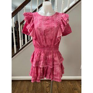 LOVESHACKFANCY Natasha Eyelet Mini Dress - Watermelon Pink - Size Large